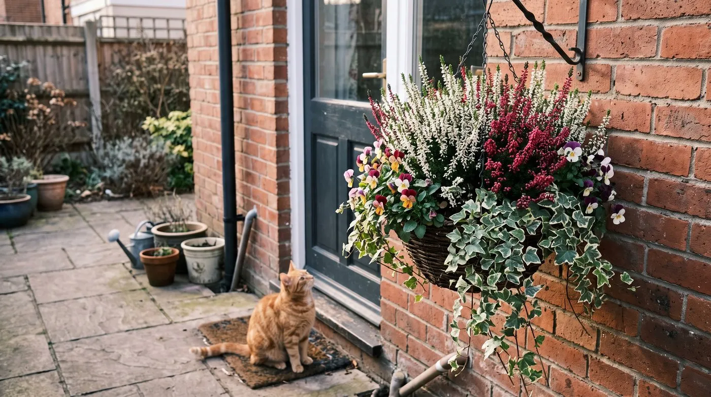 Hanging basket of white and pink winter heather with violas and ivy, a ginger cat on the doorstep below