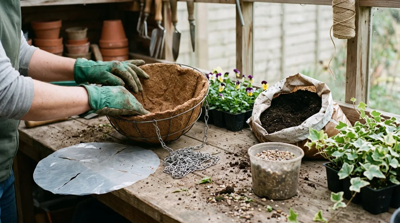 Gloved hands fitting a thick fibre liner into a wire hanging basket beside compost, grit and viola plugs