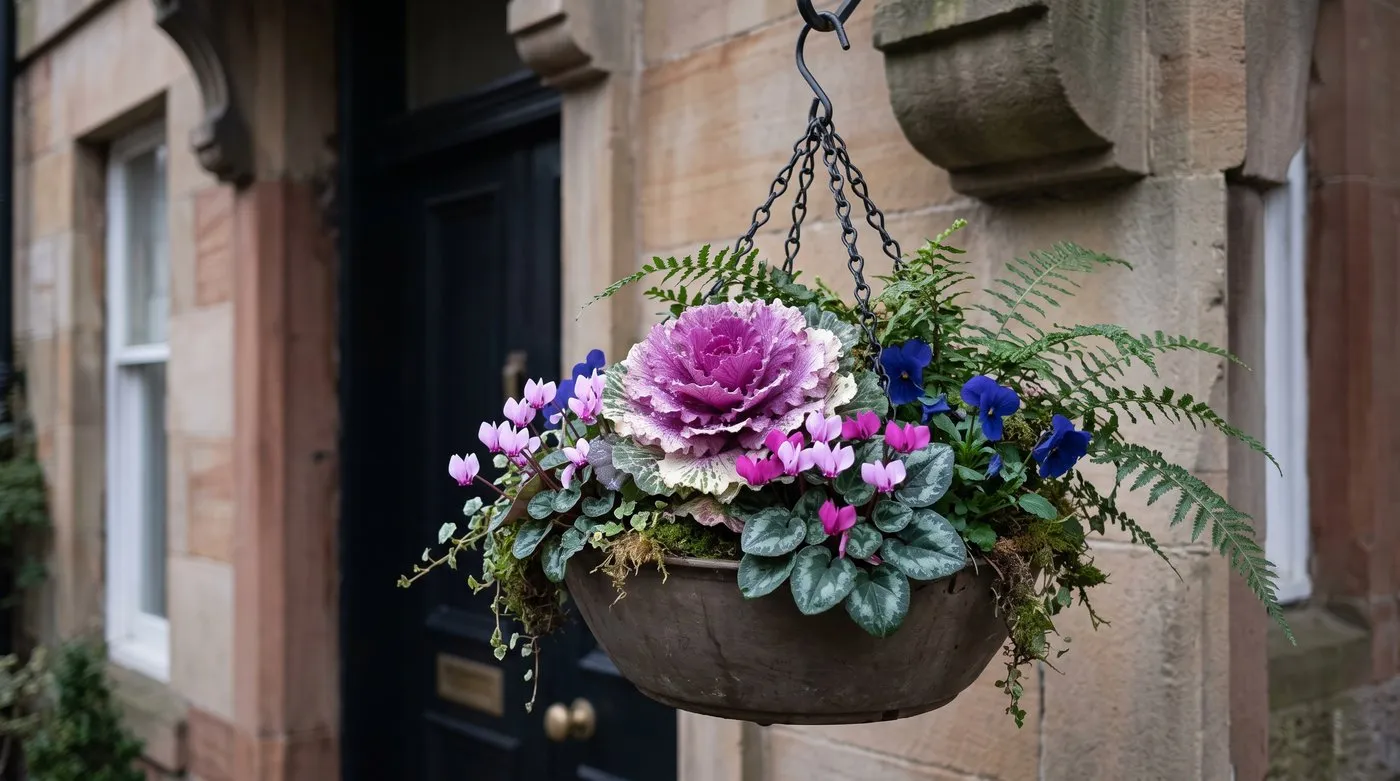 Shady porch basket with an ornamental cabbage, pink Cyclamen coum, blue violas and a small fern