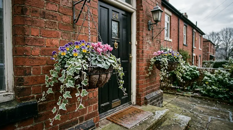Winter hanging baskets with pansies, trailing ivy and cyclamen on a frosted Manchester porch in December