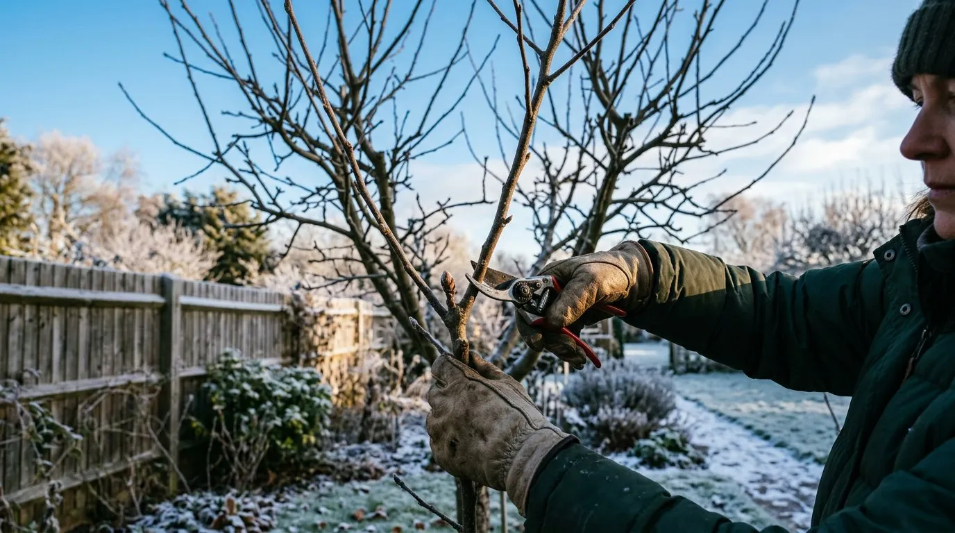 Gardener pruning a dormant apple tree against a clear winter sky, showing the open branch structure