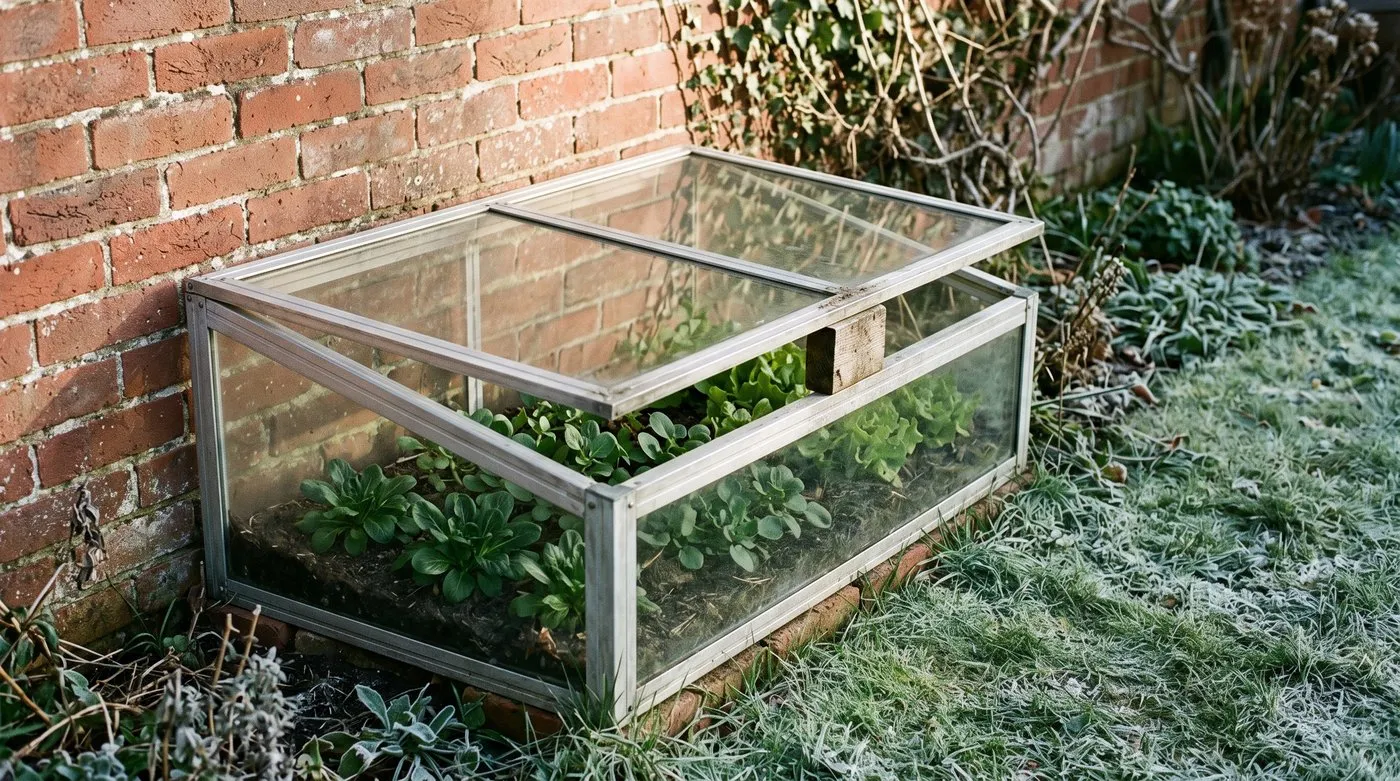 Cold frame of winter salad against a sunny wall with its lid propped open on a bright January day