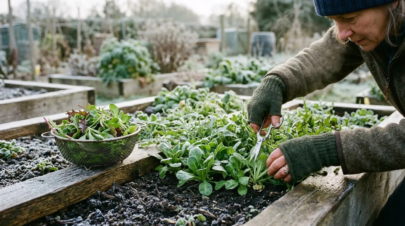 Close-up of hands harvesting winter salad leaves with scissors from a raised bed