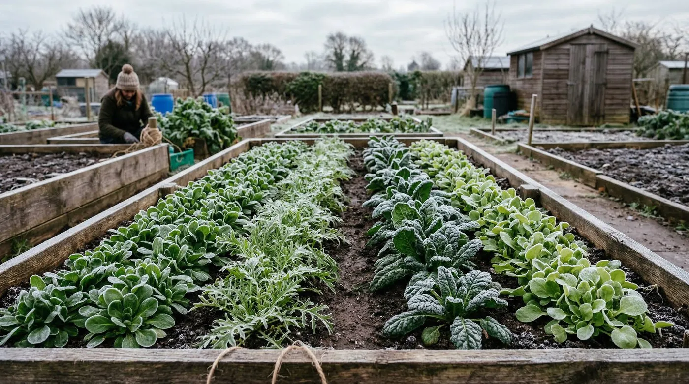 Winter salad leaves growing in rows in a frost-covered UK vegetable garden