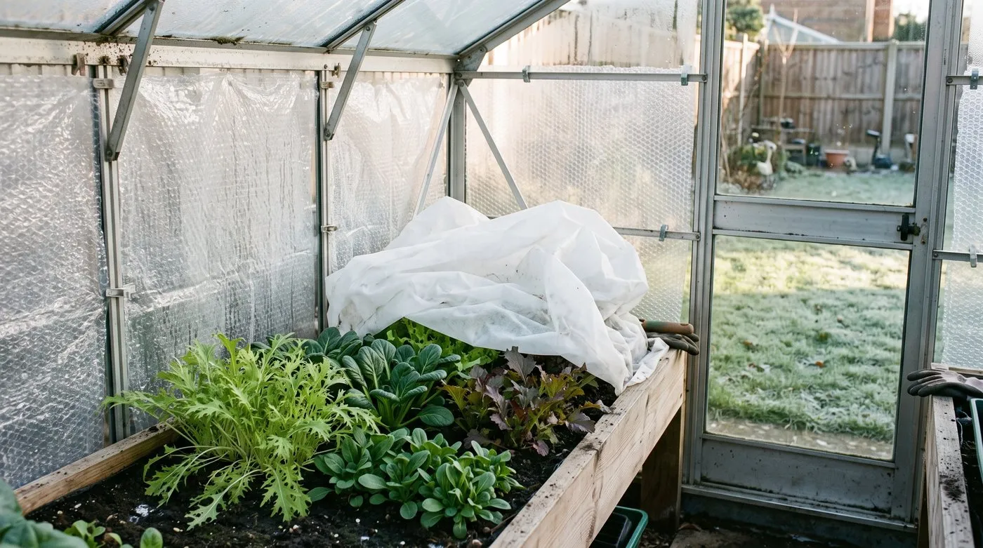 Winter salad leaves in an unheated greenhouse lined with bubble wrap, with fleece ready for cold nights