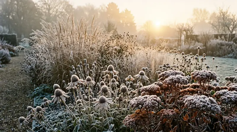 A UK winter border with frosted echinacea seedheads, rusty sedum heads and tall grasses backlit by low winter sun