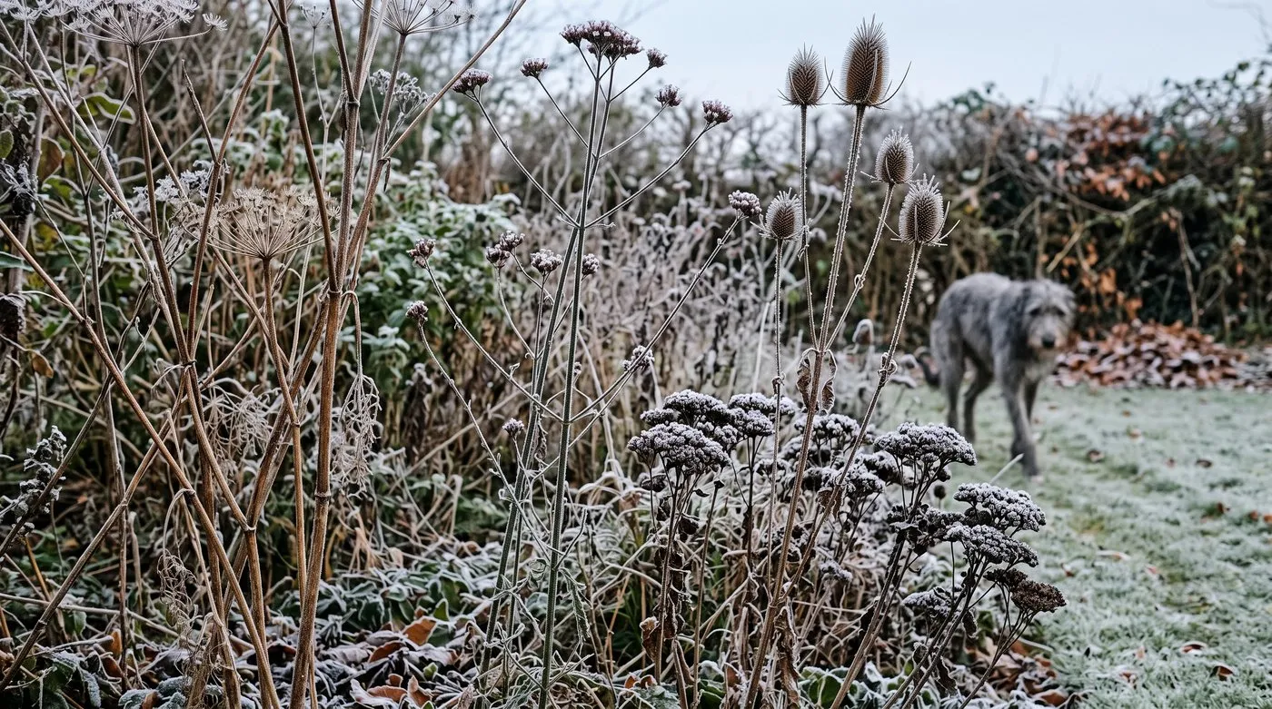 Frosty seed heads and hollow stems left standing in a winter border, with a lurcher on the lawn