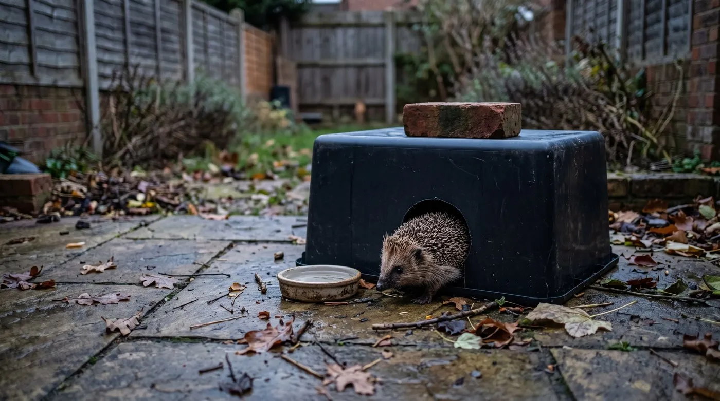 Hedgehog leaving a homemade feeding station made from an upturned box, with a water dish beside it