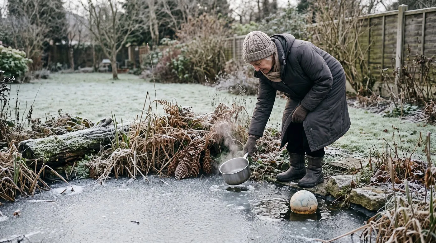 Older woman setting a pan of hot water on a frozen garden pond to melt a hole in the ice