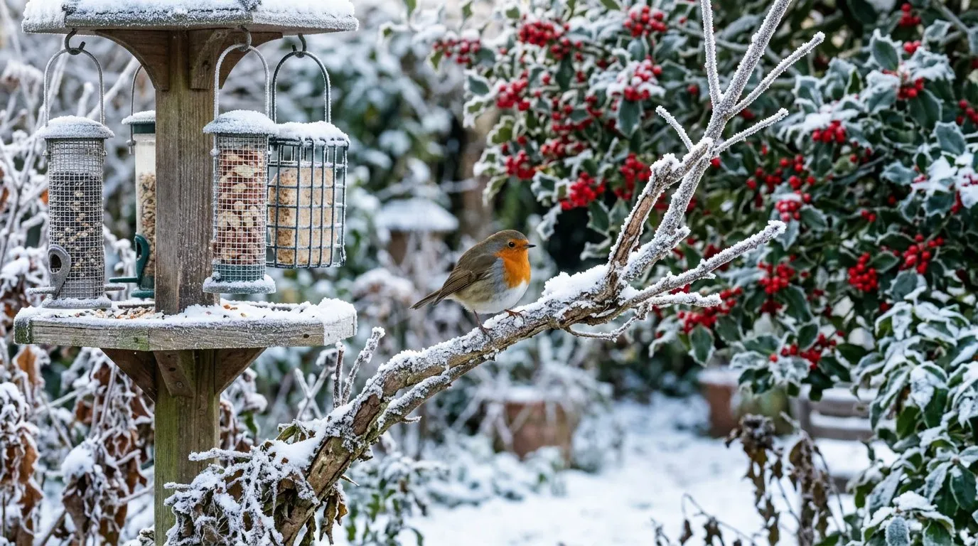 Robin perched on a frost-covered log pile beside a wooden bird feeder in a UK winter garden