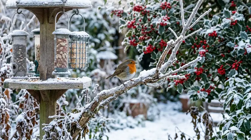 Robin perched on a frost-covered log pile beside a wooden bird feeder in a UK winter garden
