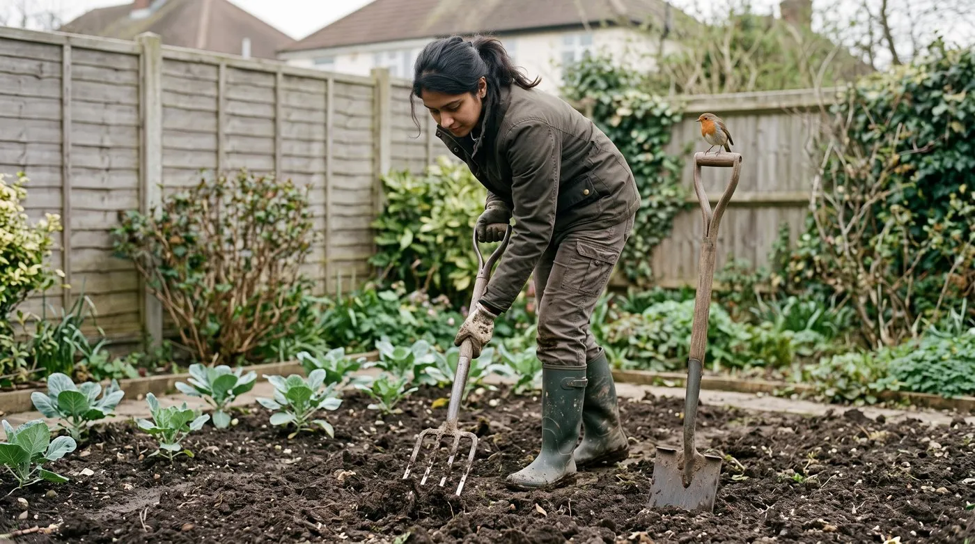 Gardener forking over a vegetable bed in spring while a robin waits nearby for grubs