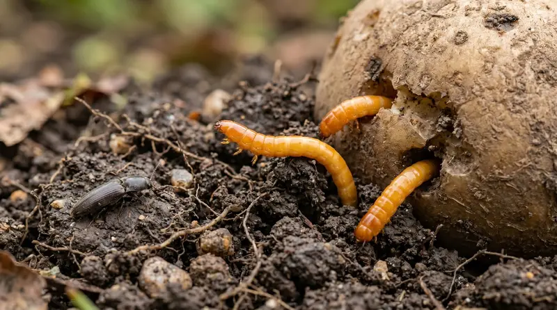 Three orange-yellow wireworm larvae emerging from cut UK garden soil next to a damaged Maris Piper potato with an adult