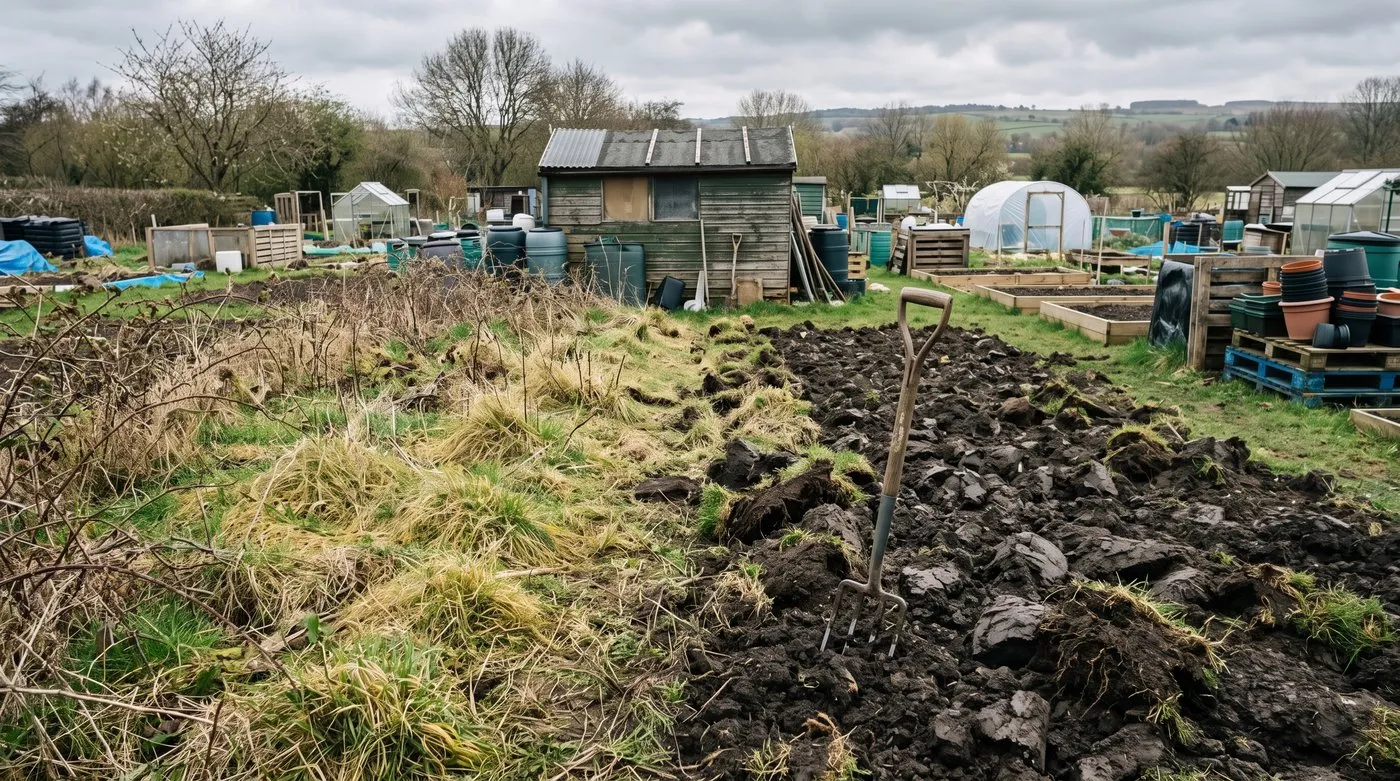 Allotment plot half rough grass and half freshly dug over, a fork standing in the turned soil