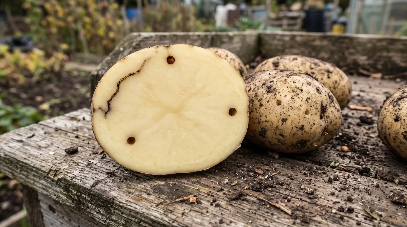 Potato cut in half showing narrow, round wireworm tunnels running into the cream flesh