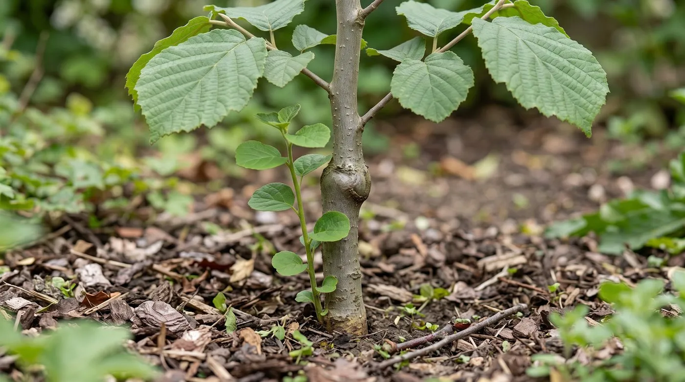 Witch hazel sucker with small round leaves growing from below the graft union