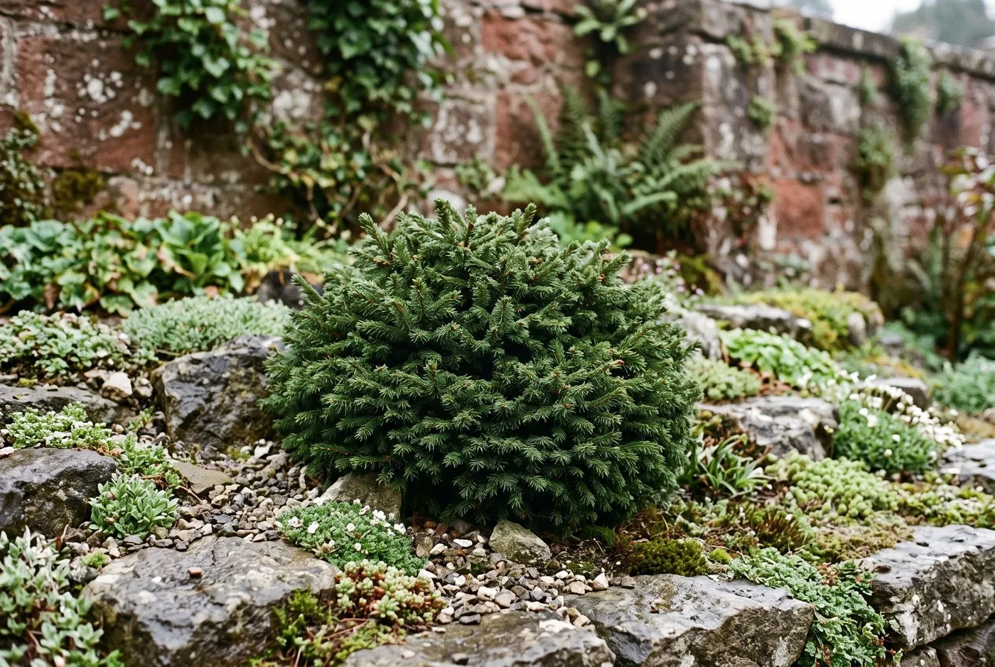 A compact dwarf conifer in a stone rockery, the tight bushy form that witches' broom cuttings produce