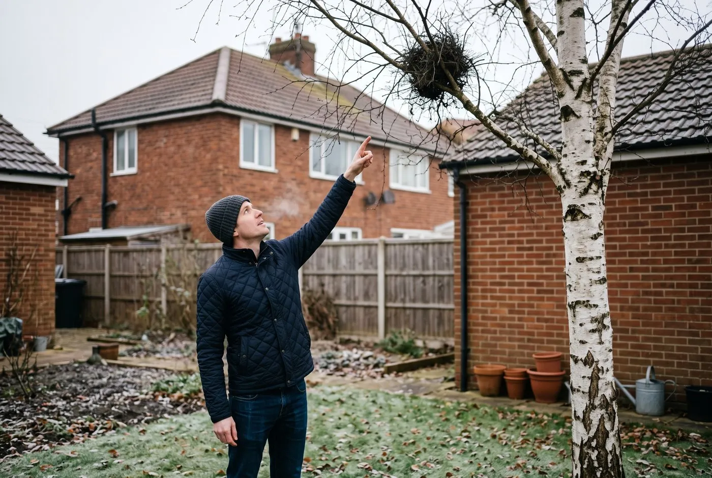 A white British man in his 30s in a suburban garden pointing up at a witches' broom high in a birch tree