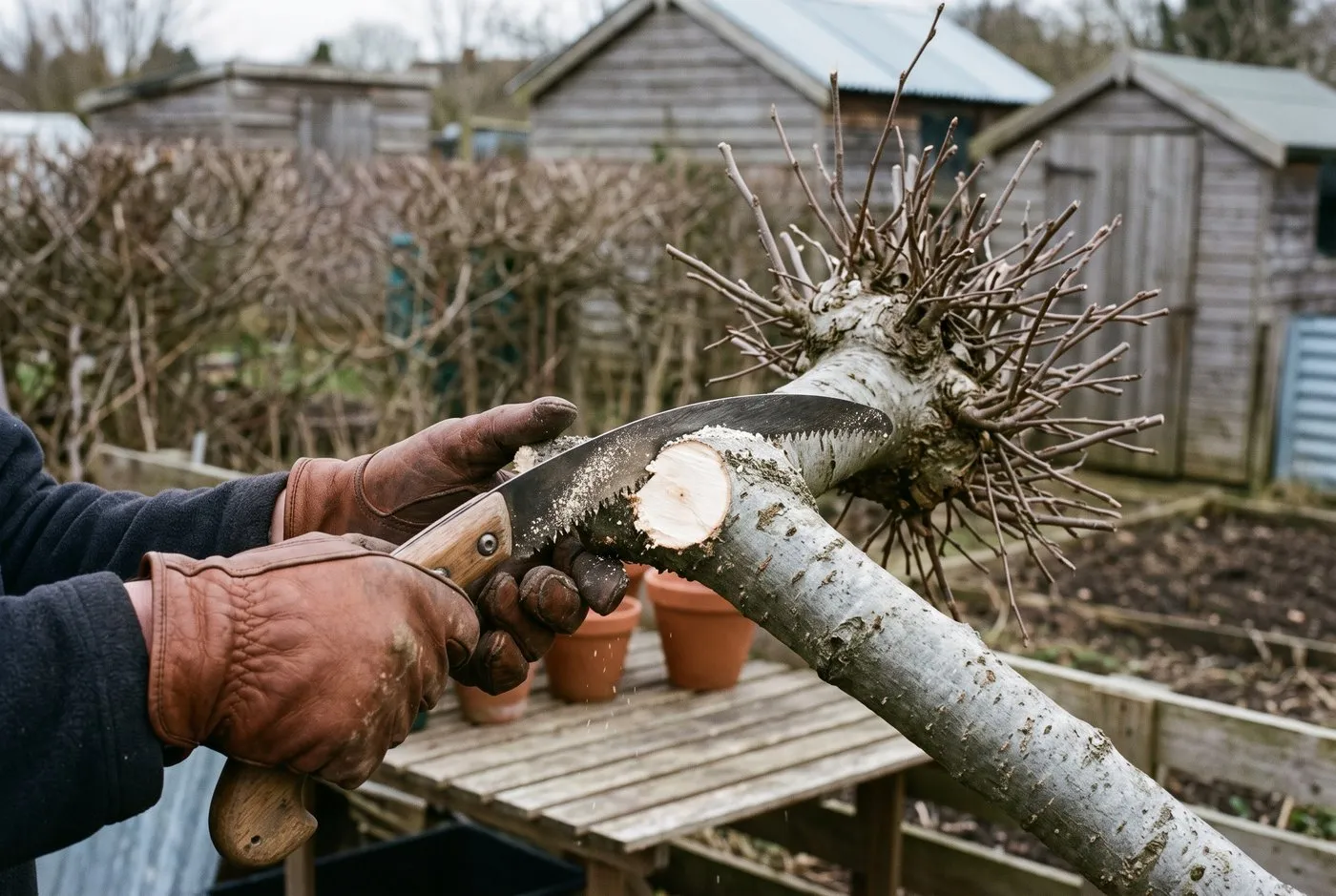 Gloved hands using a pruning saw to cut a witches' broom out of a branch, well below the swollen base into healthy wood