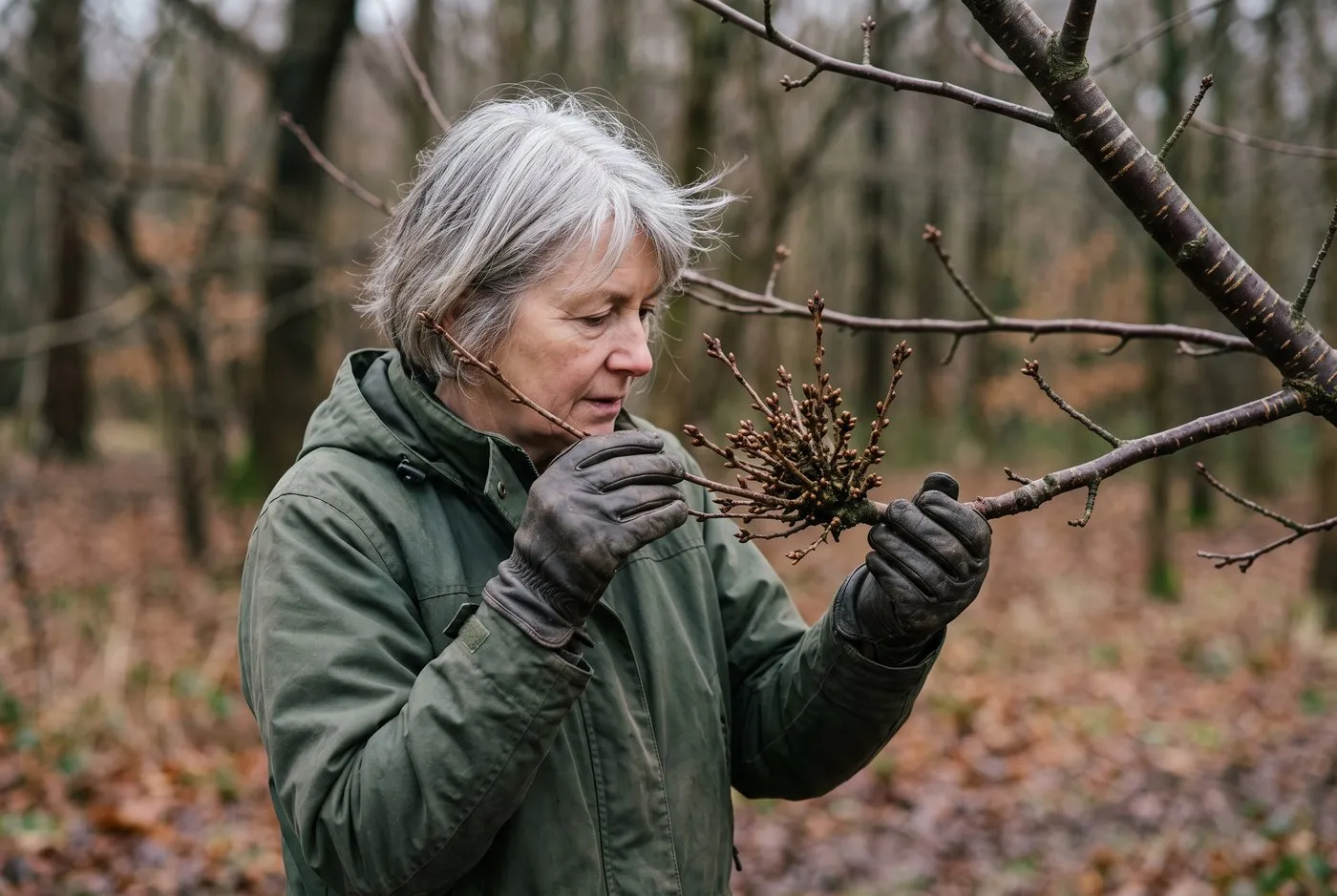 A white British woman in her 60s in gloves examining a low witches' broom on a cherry branch at a woodland edge