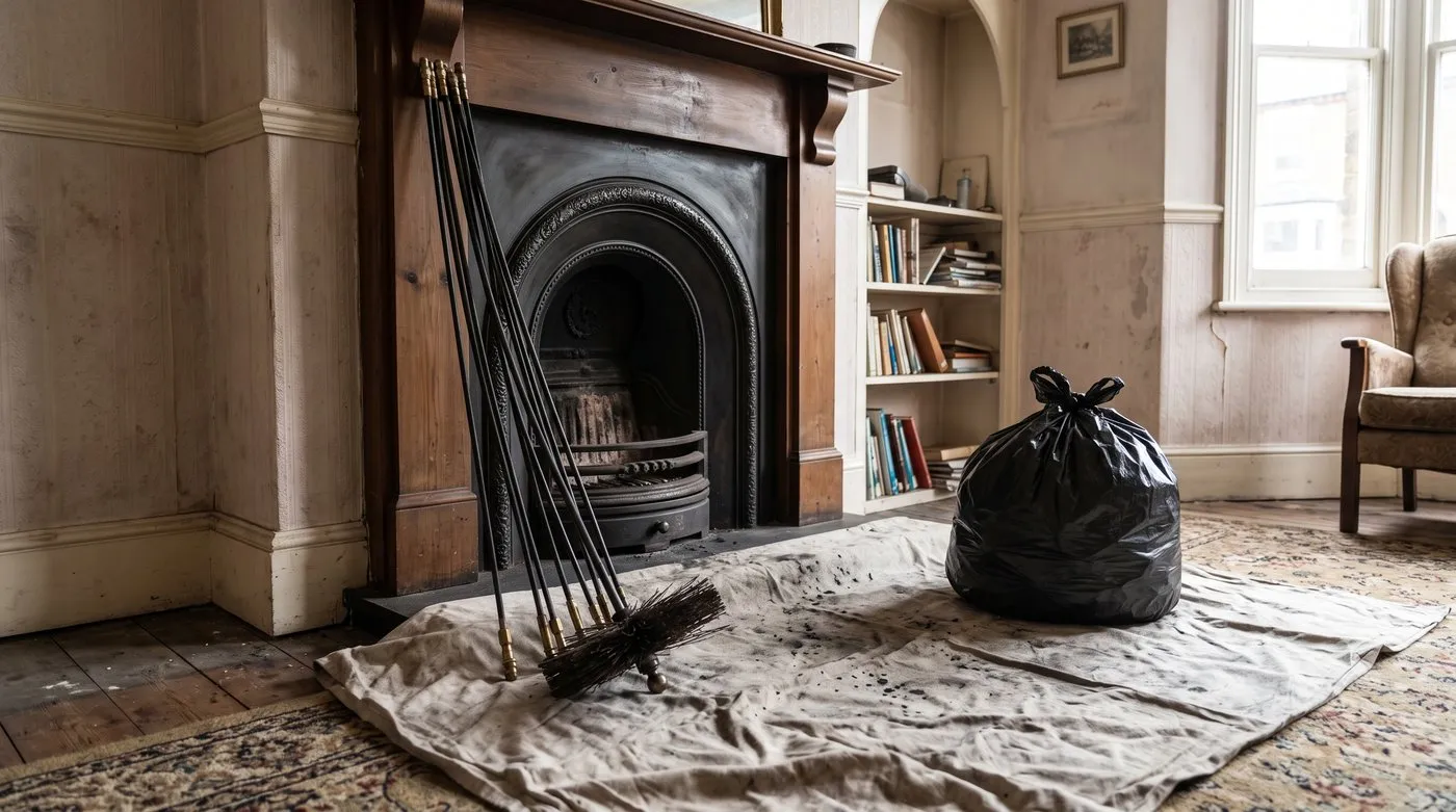 Tied bag of chimney soot beside a fireplace with sweeping rods and a dust sheet