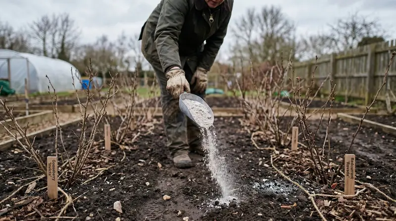 UK gardener's gloved hand scattering pale-grey hardwood ash from a metal scoop onto bare soil between gooseberry and currant