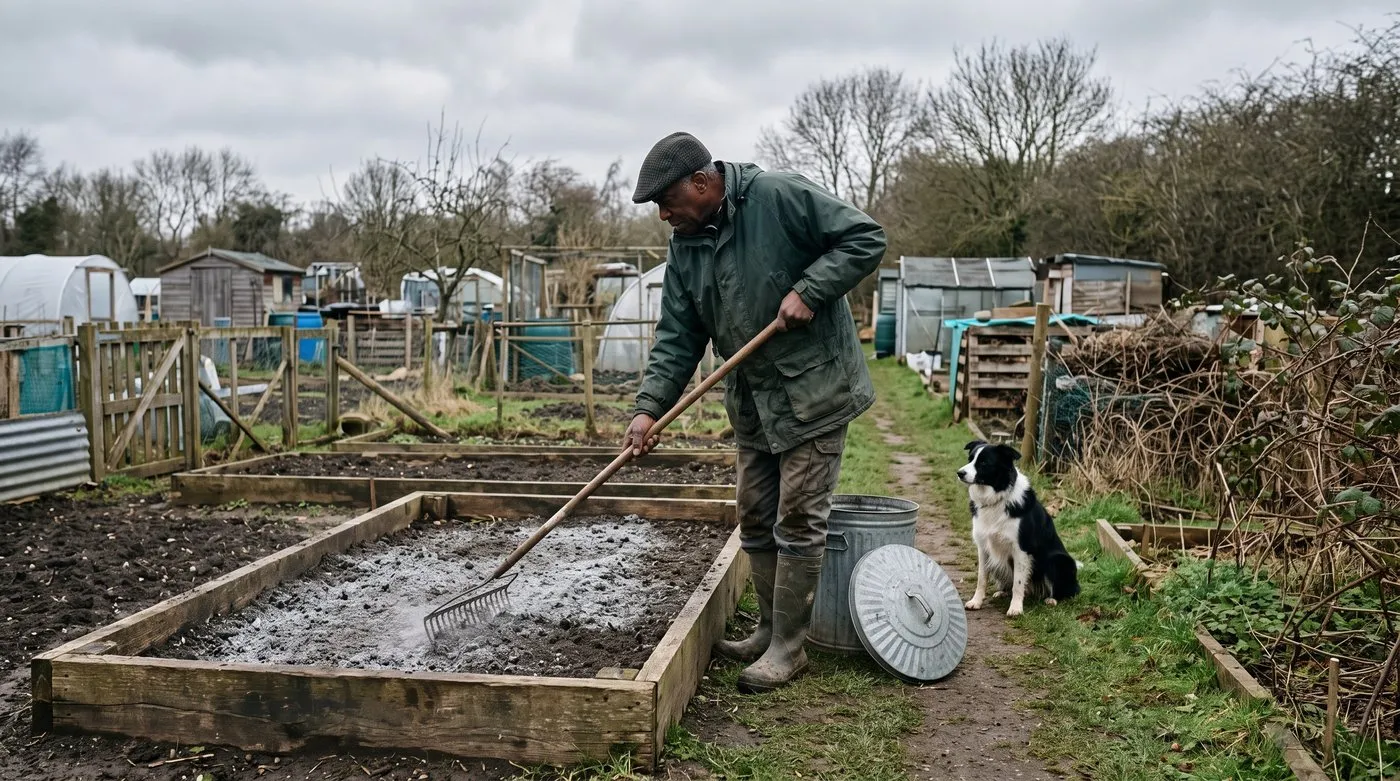 Allotment holder raking a thin layer of wood ash into a bare raised bed in early spring