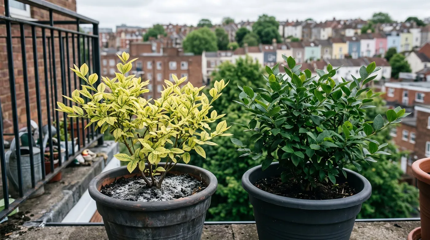 Yellowing blueberry with wood ash on its compost next to a healthy green blueberry in a pot