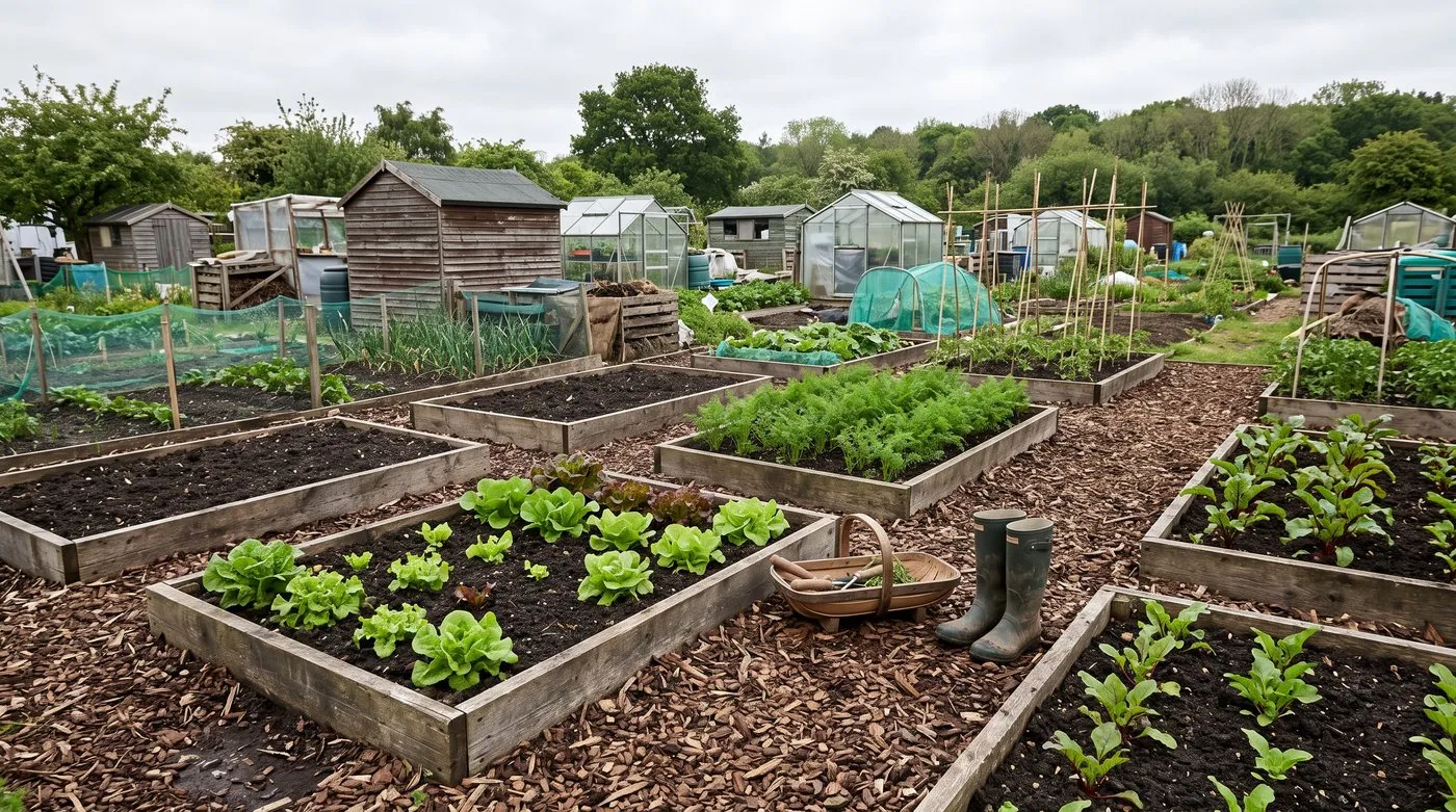 Allotment raised beds of young vegetables in compost with woodchip spread only on the paths