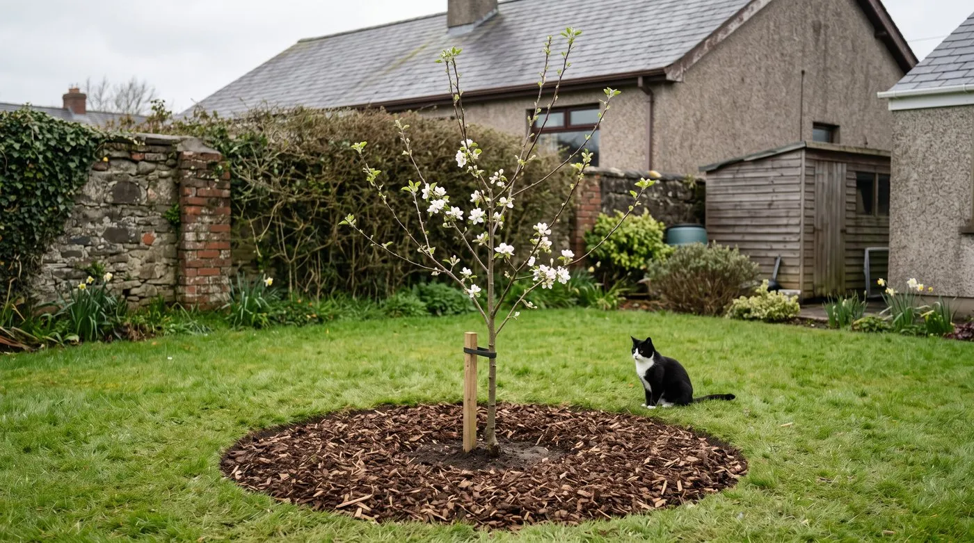 Young apple tree in a lawn with a wide circle of woodchip mulch kept clear of the trunk