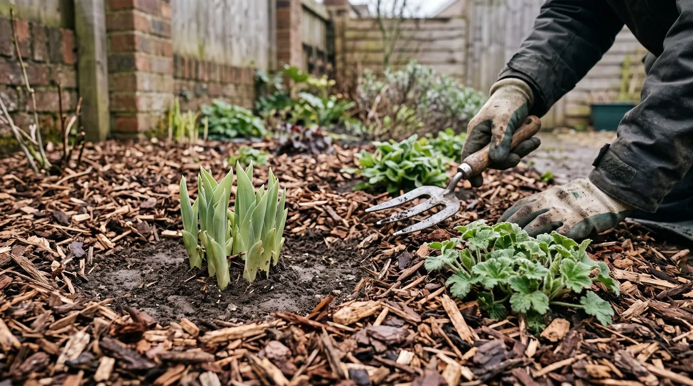 Border mulched with woodchip leaving a ring of bare soil around each emerging plant