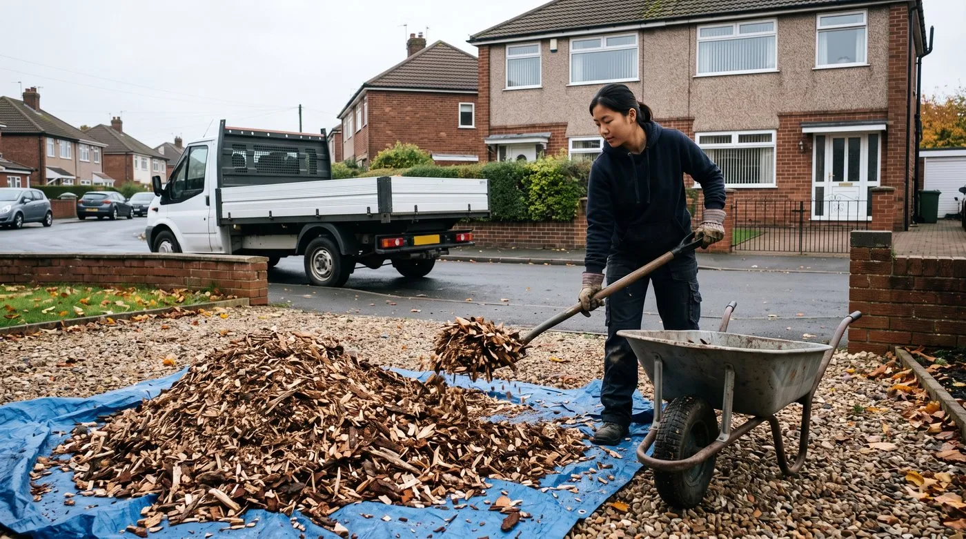 Heap of fresh woodchip on a tarpaulin on a driveway being loaded into a wheelbarrow