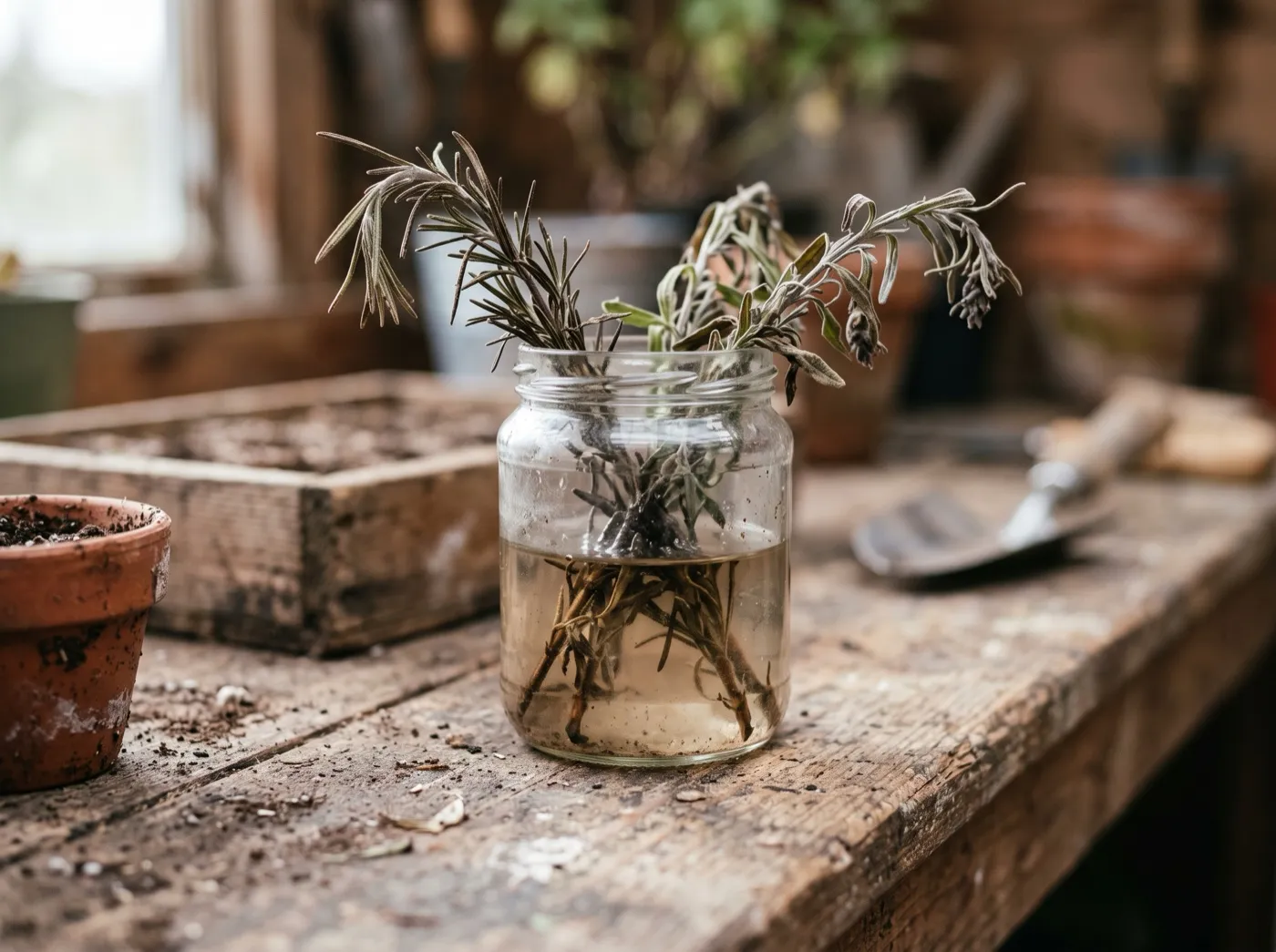 Rosemary and lavender cuttings browning and rotting in a jar of water showing why woody herbs do not root in water