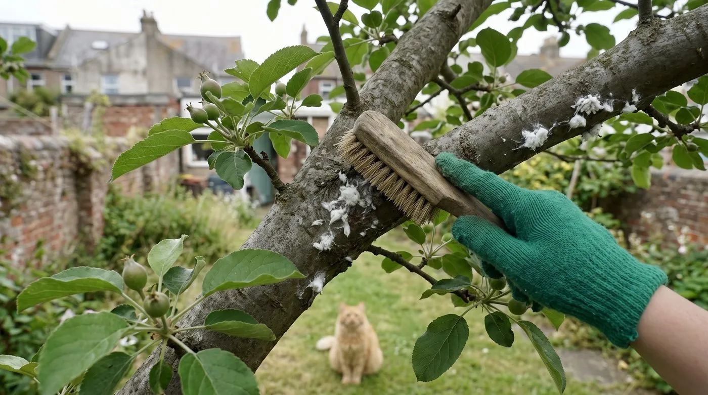 Gloved hand scrubbing white woolly aphid colonies off an apple branch with a stiff brush