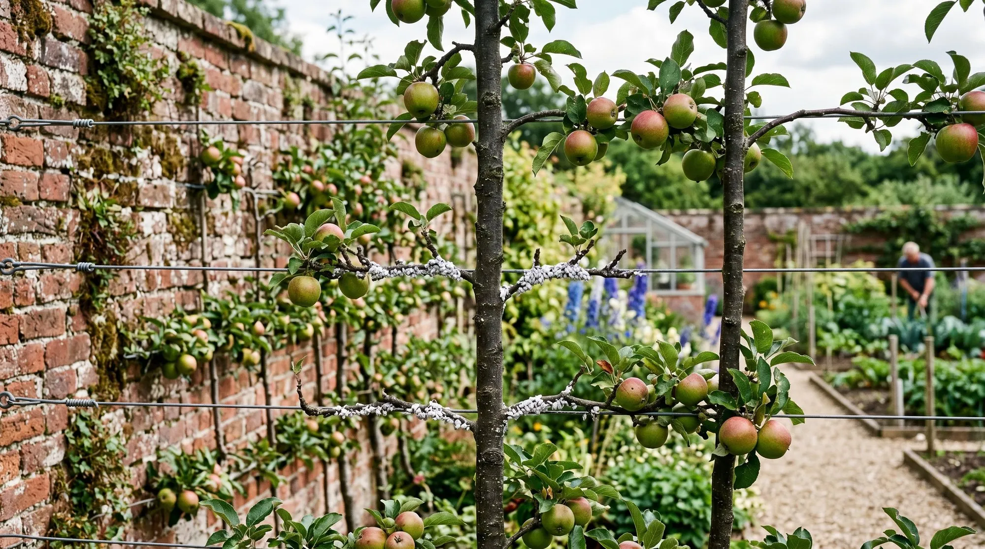 UK orchard cordon trees pruned trained against wires showing white aphid colonies vulnerability on small framework