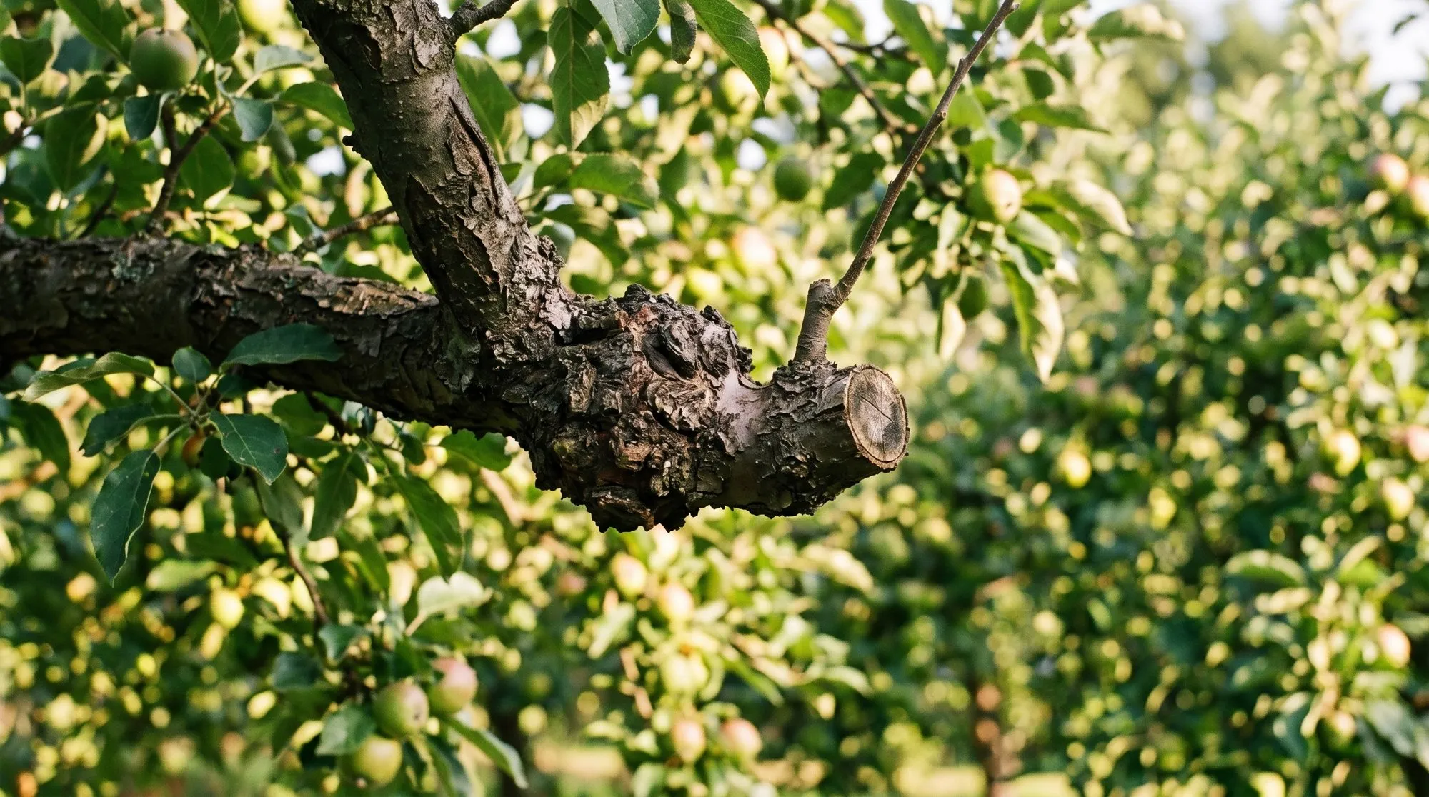 Apple tree branch showing healed woolly aphid damage with gnarled swollen bark sites and pruned-back side shoot