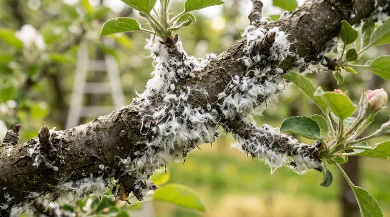 Woolly aphid white cottony colony on UK apple tree branch showing the distinctive woolly wax covering and damaged bark