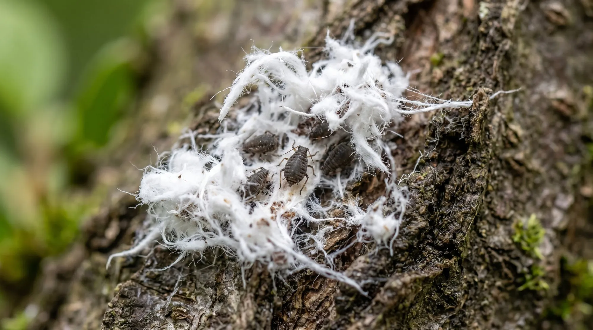 Close-up macro photograph of woolly aphid colony showing white wax fibres and dark grey aphids beneath the surface