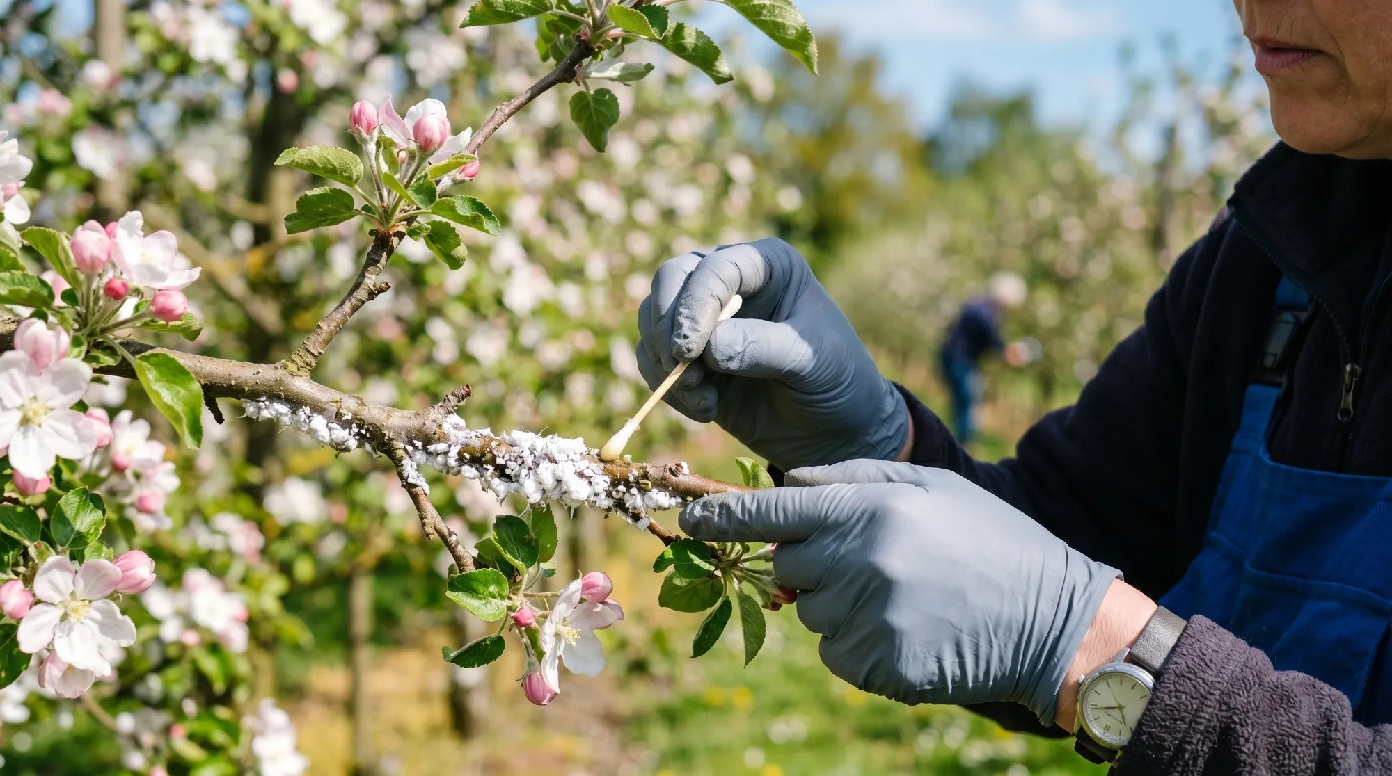 UK gardener applying methylated spirits with a cotton bud to a woolly aphid colony on apple tree branch