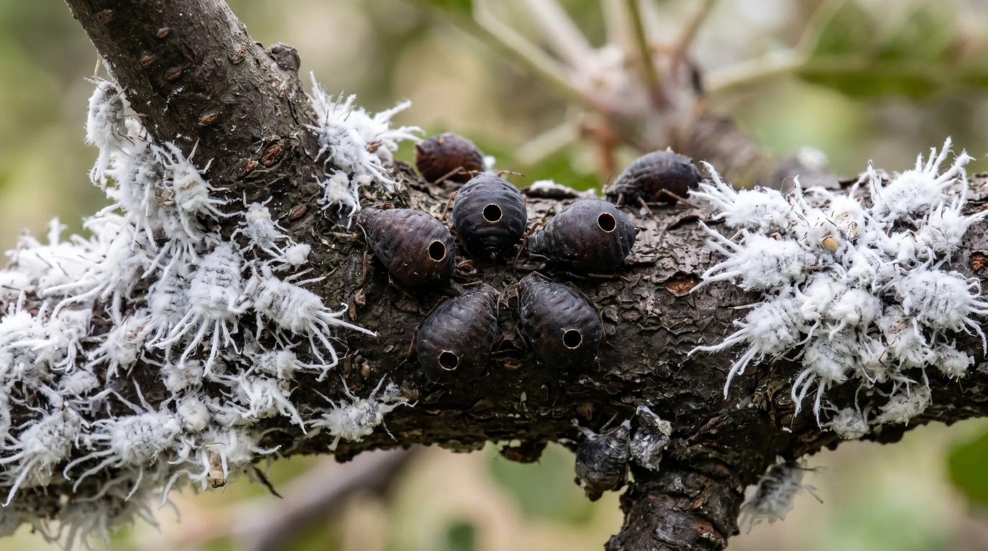 Aphelinus mali parasitic wasp mummy on apple branch showing dark inflated dead aphid with circular emergence hole