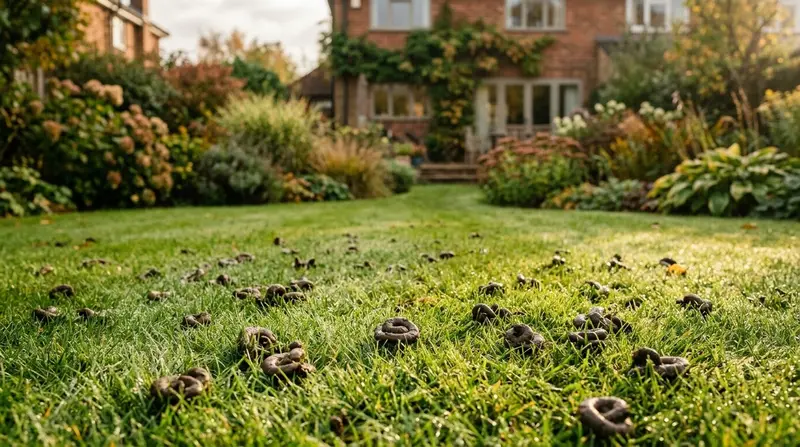 A close view of muddy squiggly worm casts scattered across a green lawn on a dewy autumn morning
