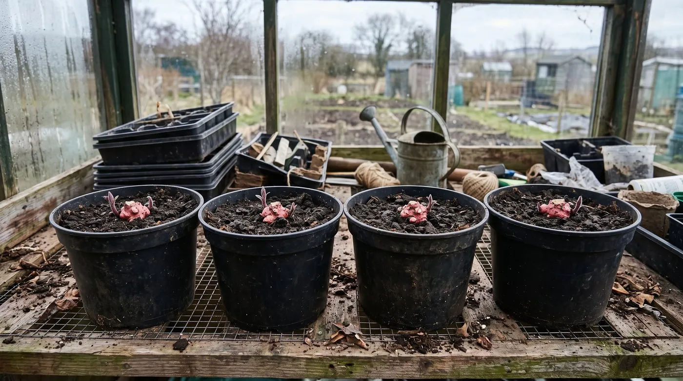 Knobbly pink yacon crowns potted up in spring with small shoots emerging on a greenhouse bench