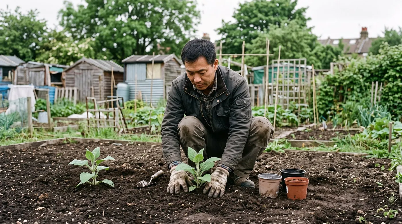 Gardener planting a young yacon plant into rich soil on an allotment in late May