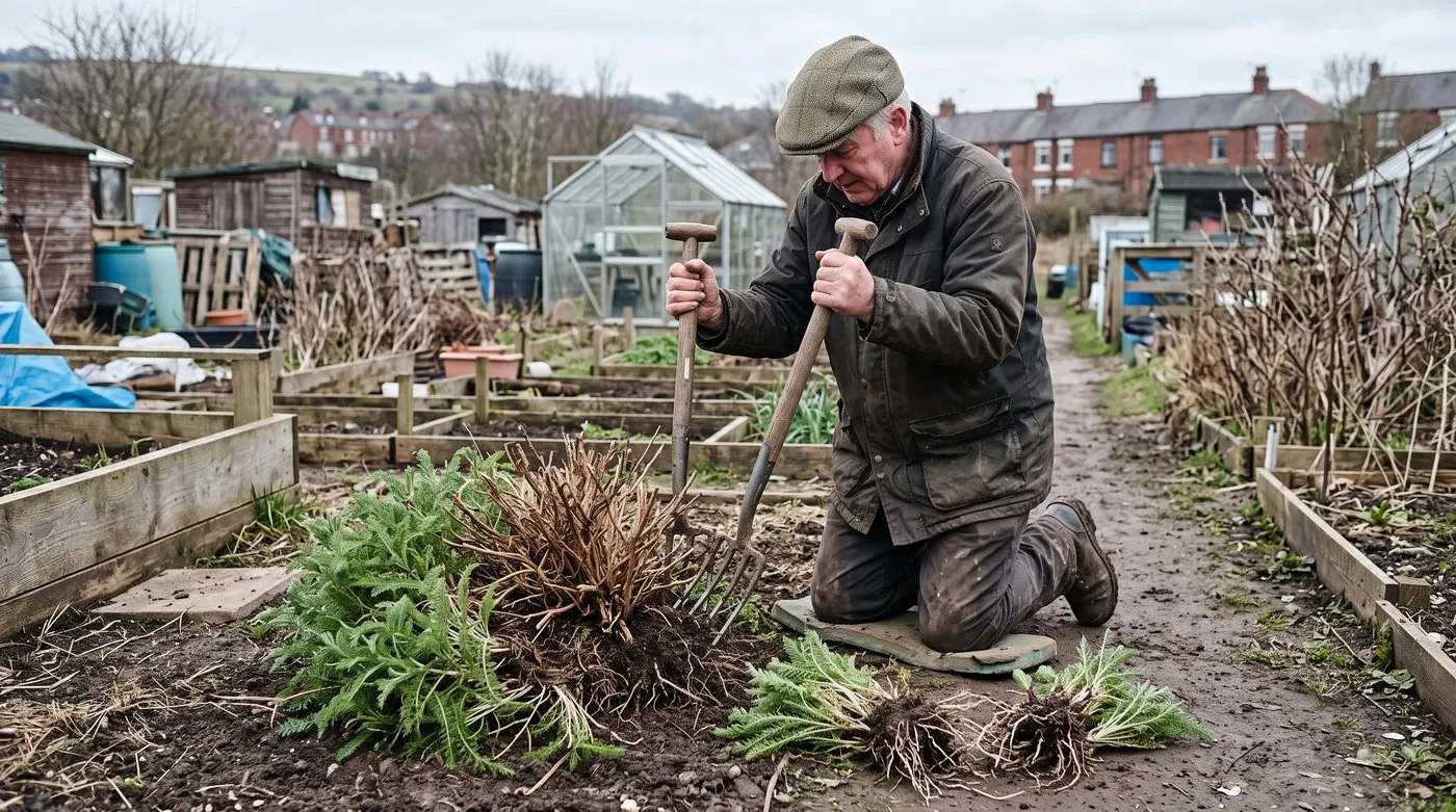 Gardener splitting a lifted yarrow clump with a bare woody centre into fresh outer divisions