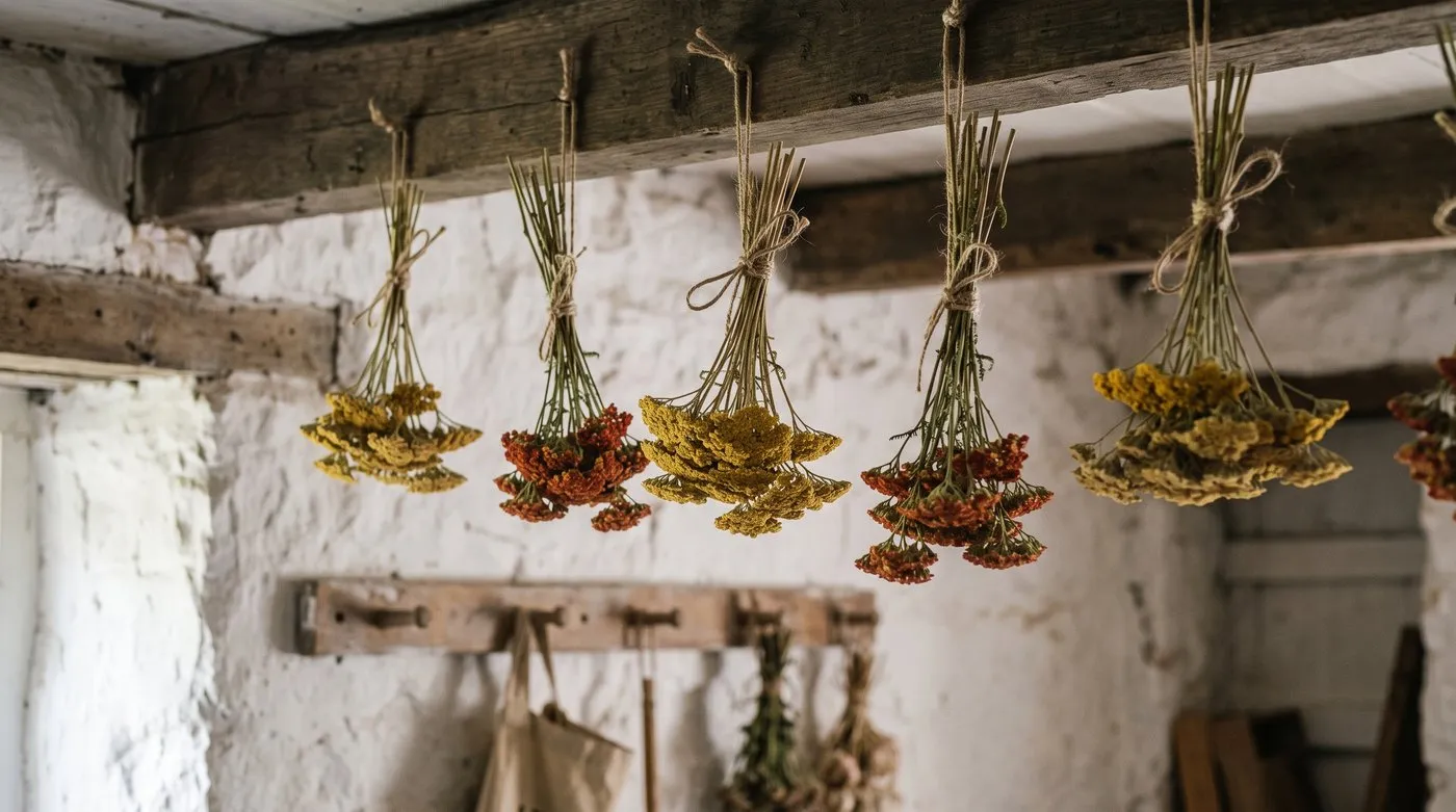 Bunches of yellow and orange yarrow hanging upside down from a beam to dry
