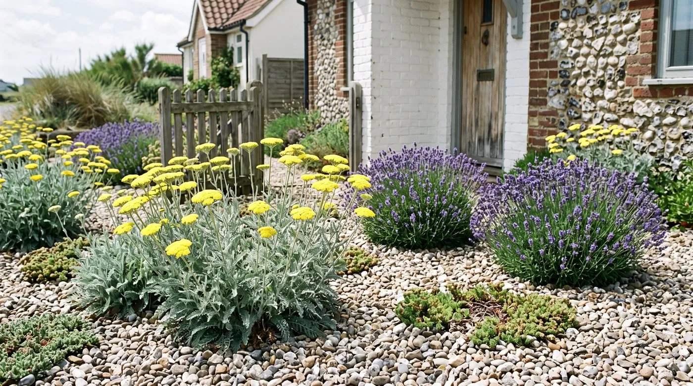 Lemon-yellow yarrow growing through pale gravel with lavender and sedums in a sunny front garden