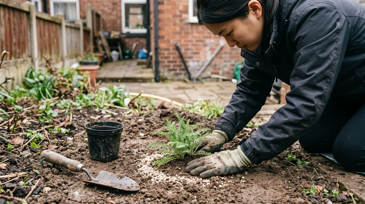 Gloved hands firming a young yarrow plant into clay soil with a collar of grit around the base