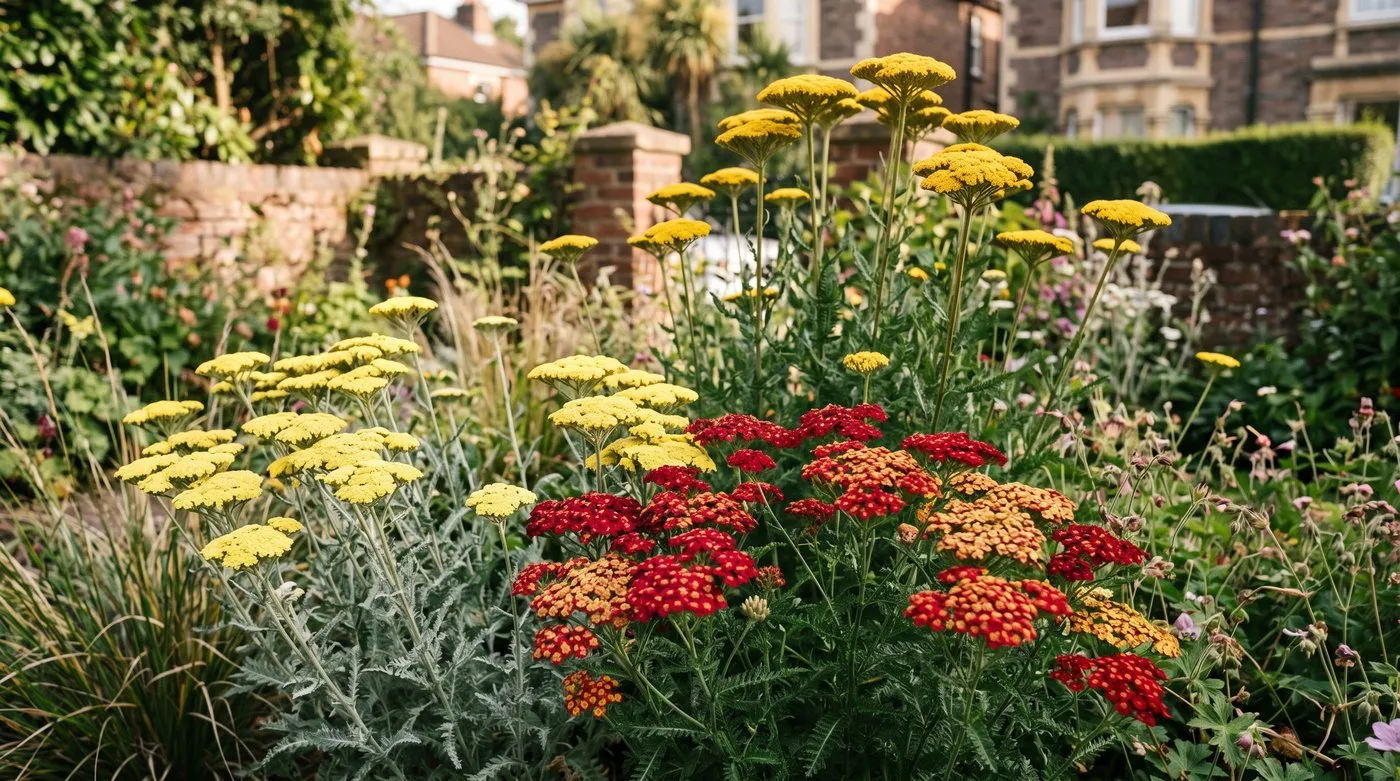Yellow Moonshine, red Paprika and tall golden Gold Plate yarrow flowering side by side in a sunny border