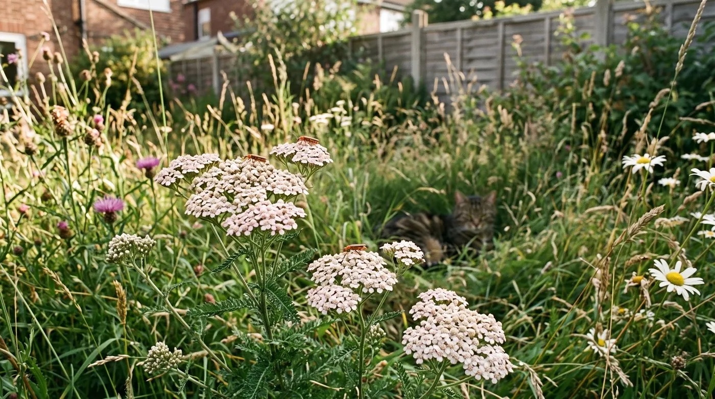 White wild yarrow flowering in a garden meadow patch with a tabby cat resting in the long grass