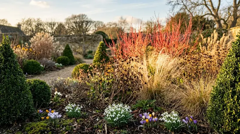 Year-round interest garden planting showing red cornus stems, spring bulbs, ornamental grasses